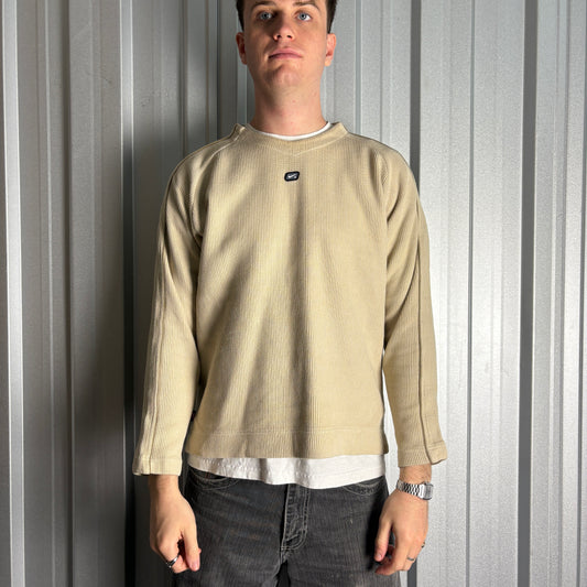 Vintage Nike Y2K 00s Cream Ribbed Swoosh Embroidered Sweatshirt - M