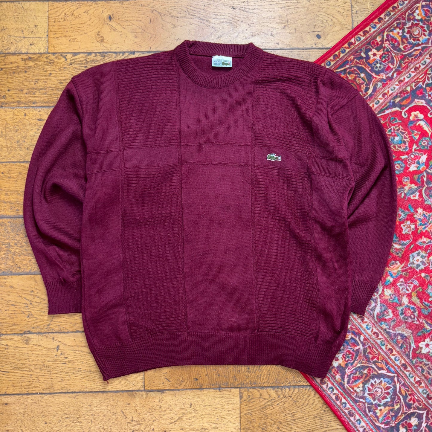 Vintage Chemise Lacoste Burgundy Red Cable Knit Jumper - XL