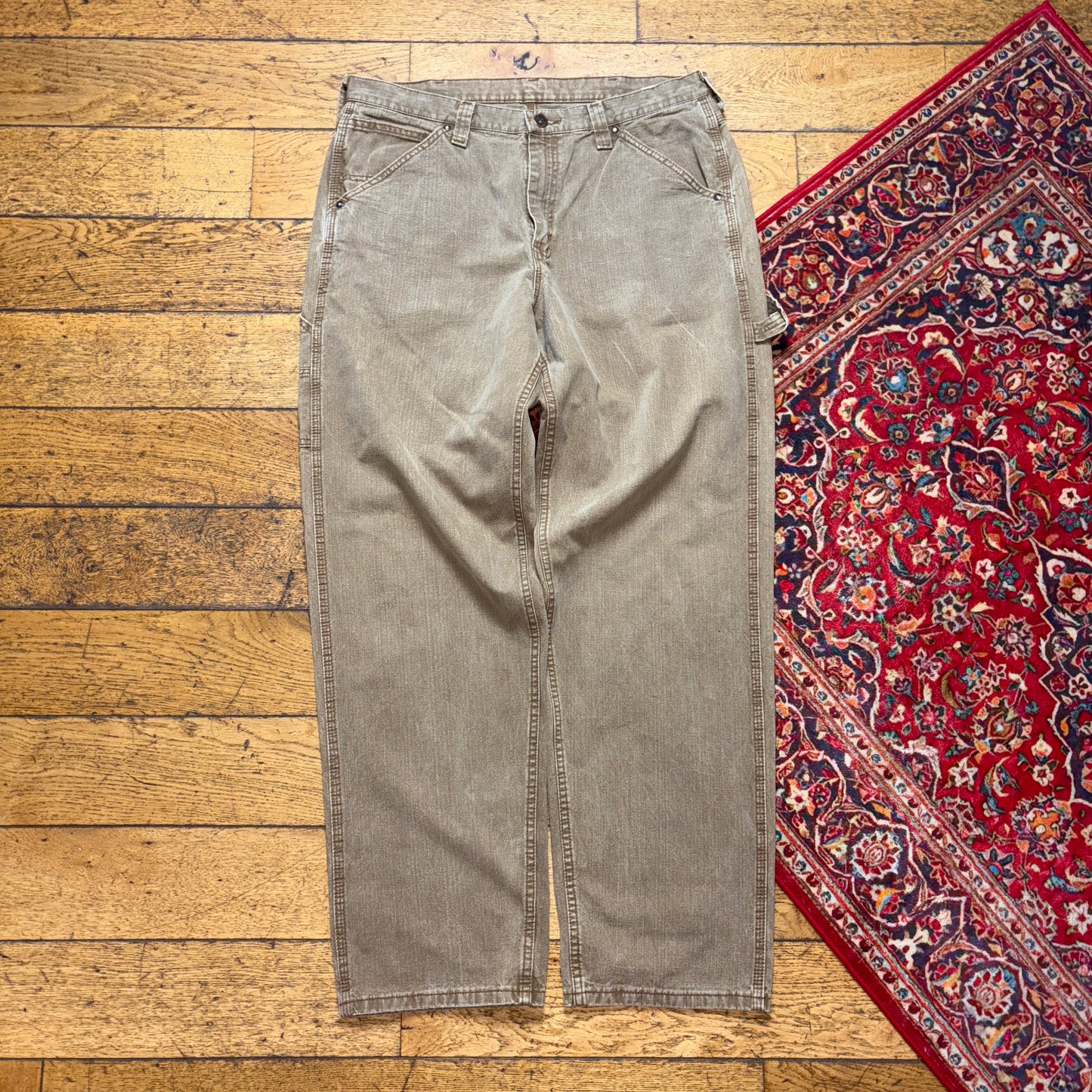 Vintage Lee Brown Cream Carpenter Workwear Baggy Trousers - 36L