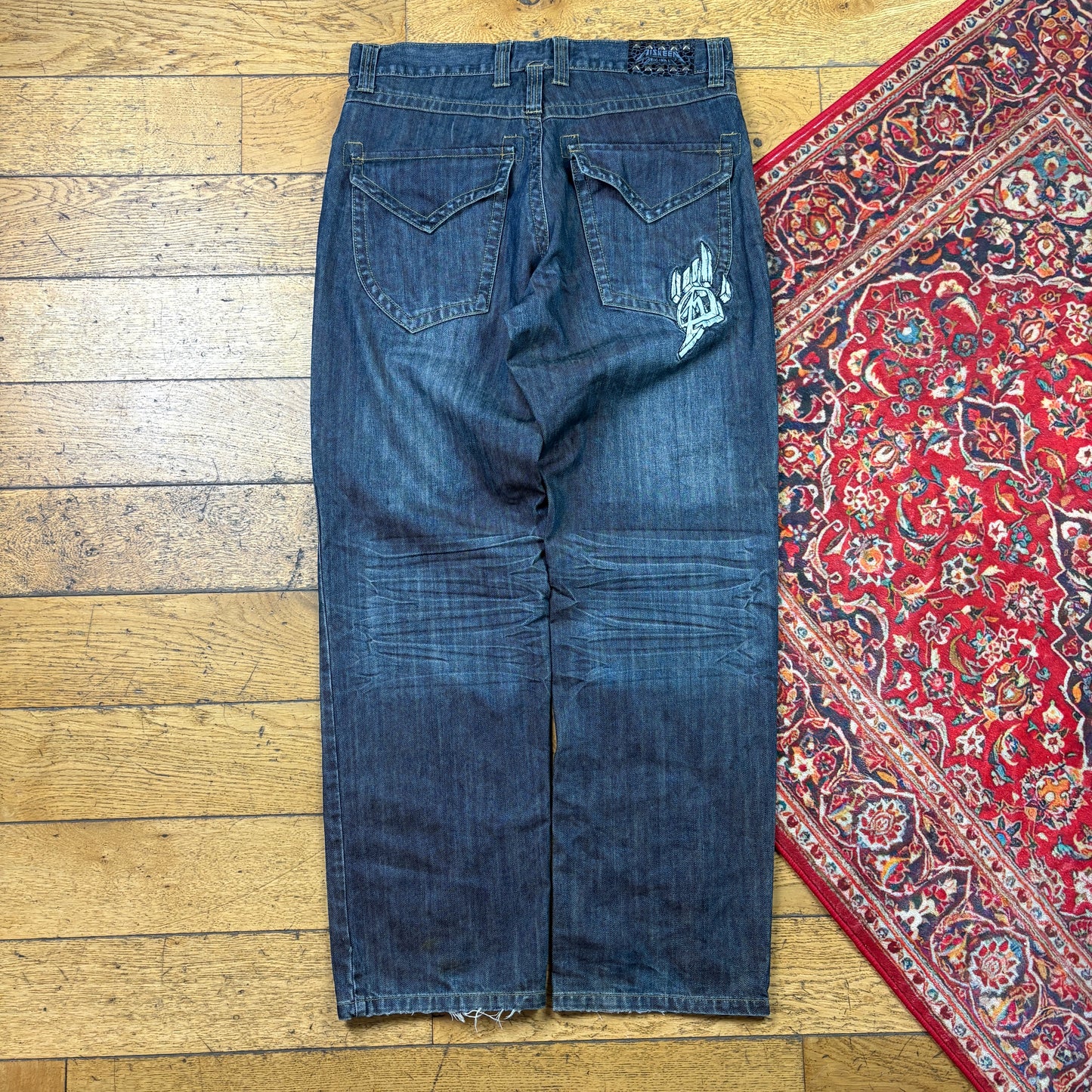 Vintage Miskeen Blue Embroidered Y2K Hip Hop Baggy Jeans - 36