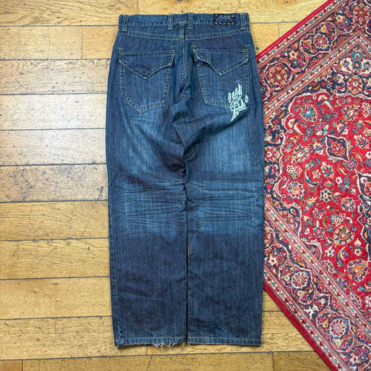Vintage Miskeen Blue Embroidered Y2K Hip Hop Baggy Jeans - 36