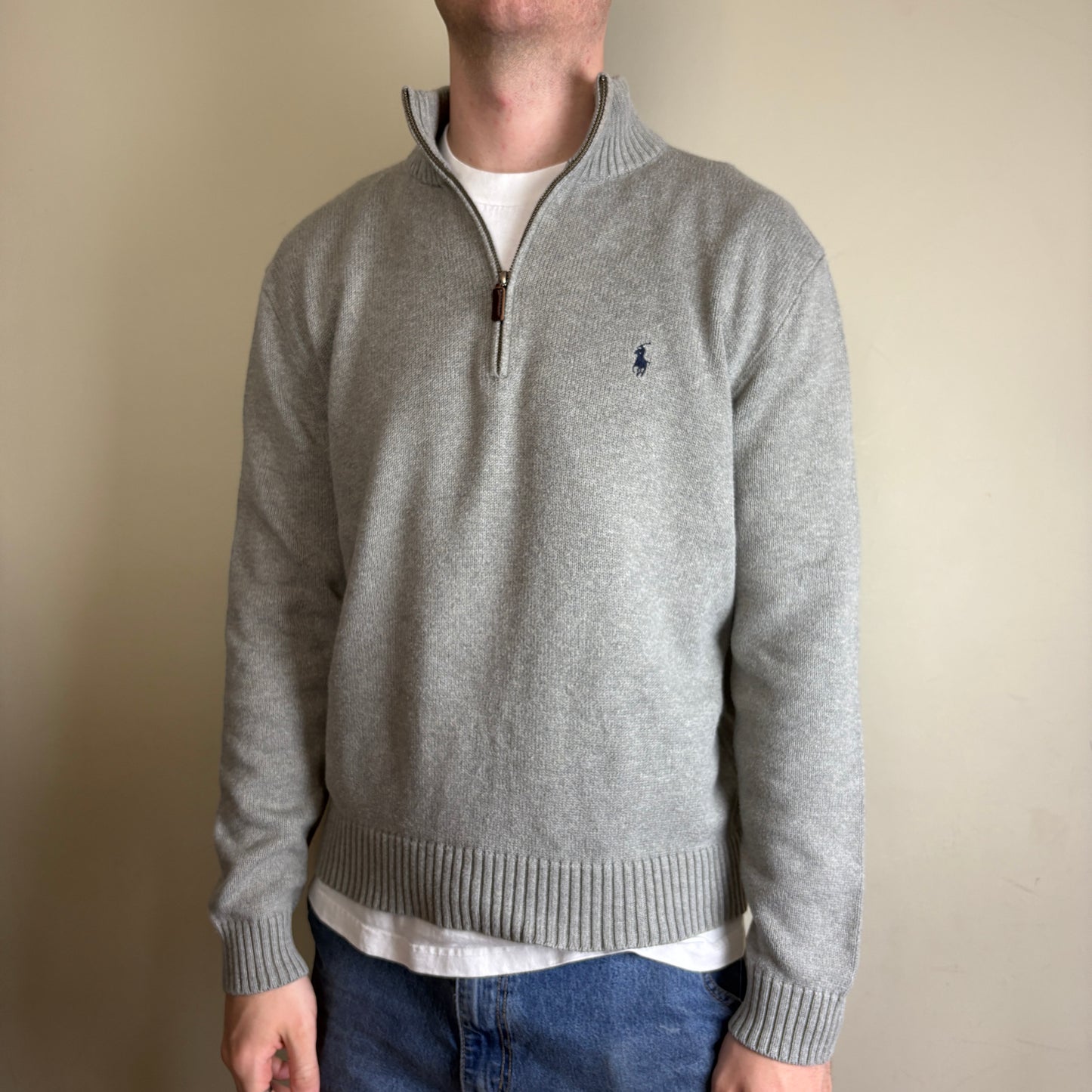 Vintage Ralph Lauren Grey Quarter Zip Knit Embroidered Sweatshirt - L