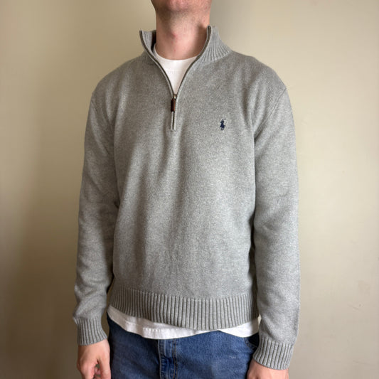 Vintage Ralph Lauren Grey Quarter Zip Knit Embroidered Sweatshirt - L