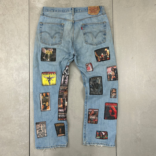 Vintage Levis 501 Patchwork Nirvana Blue Denim Straight Jeans - 36