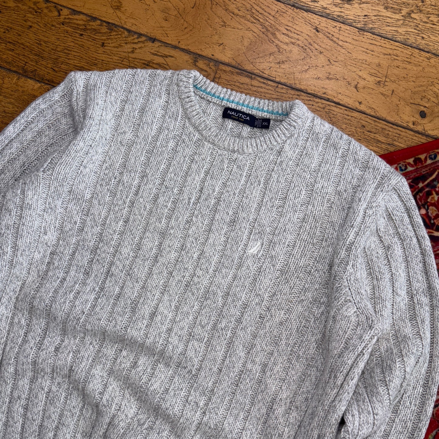 Vintage Nautica Grey Cable Embroidered Knit Jumper - 2XL