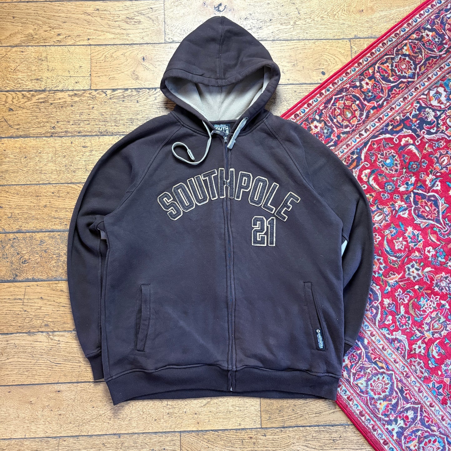 Vintage Southpole Brown Zip Hoodie Hip Hop Embroidered Sweatshirt - XL