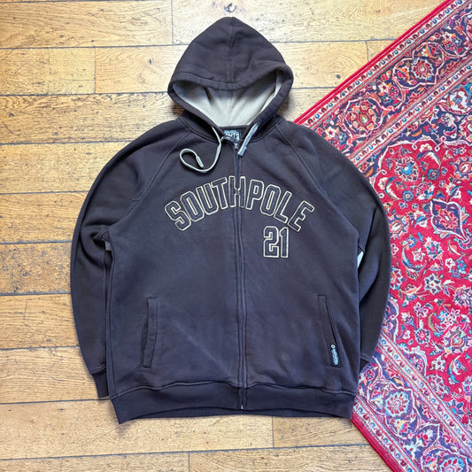 Vintage Southpole Brown Zip Hoodie Hip Hop Embroidered Sweatshirt - XL