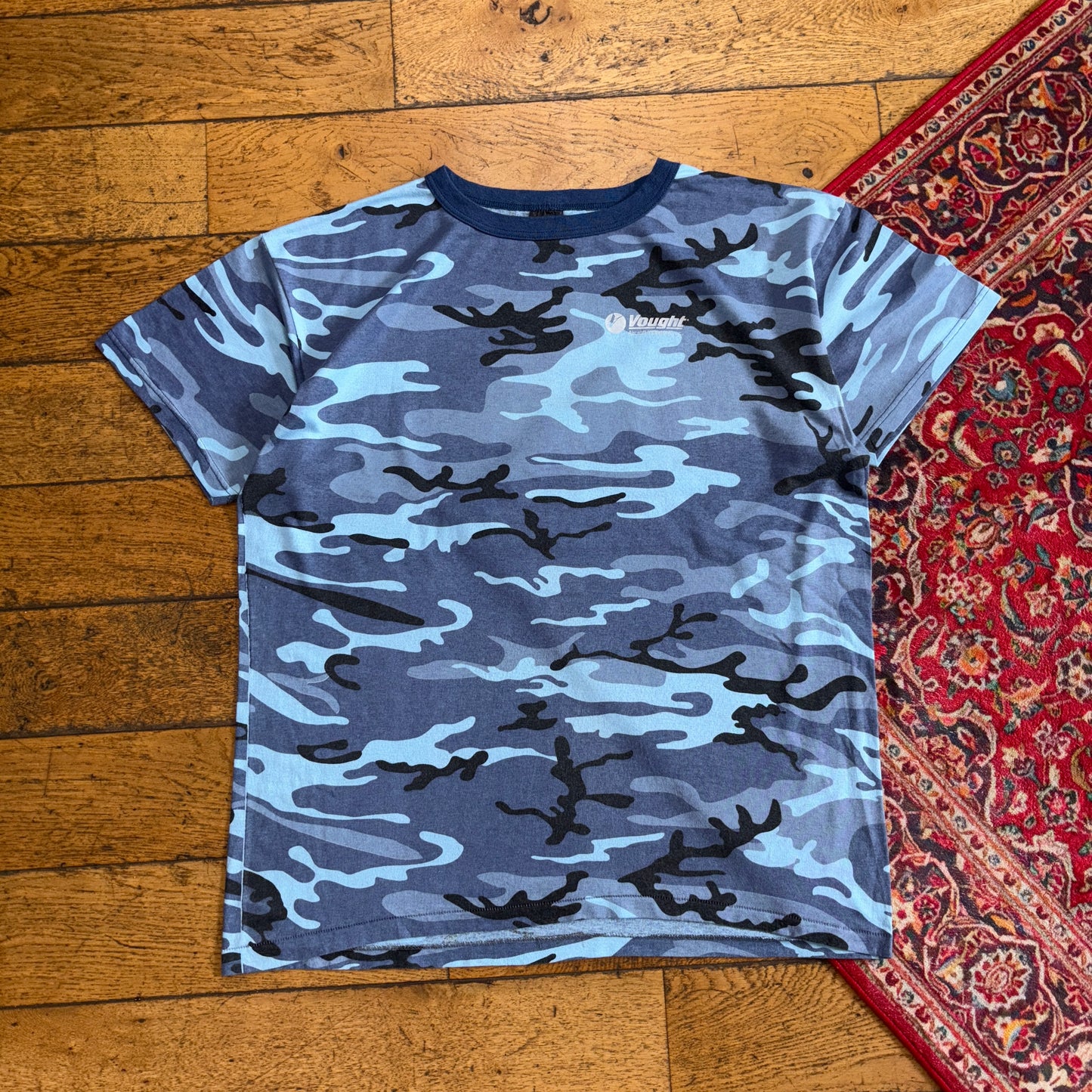 Vintage 90s Blue Camo Plane Single Stitch Graphic T-Shirt - XL