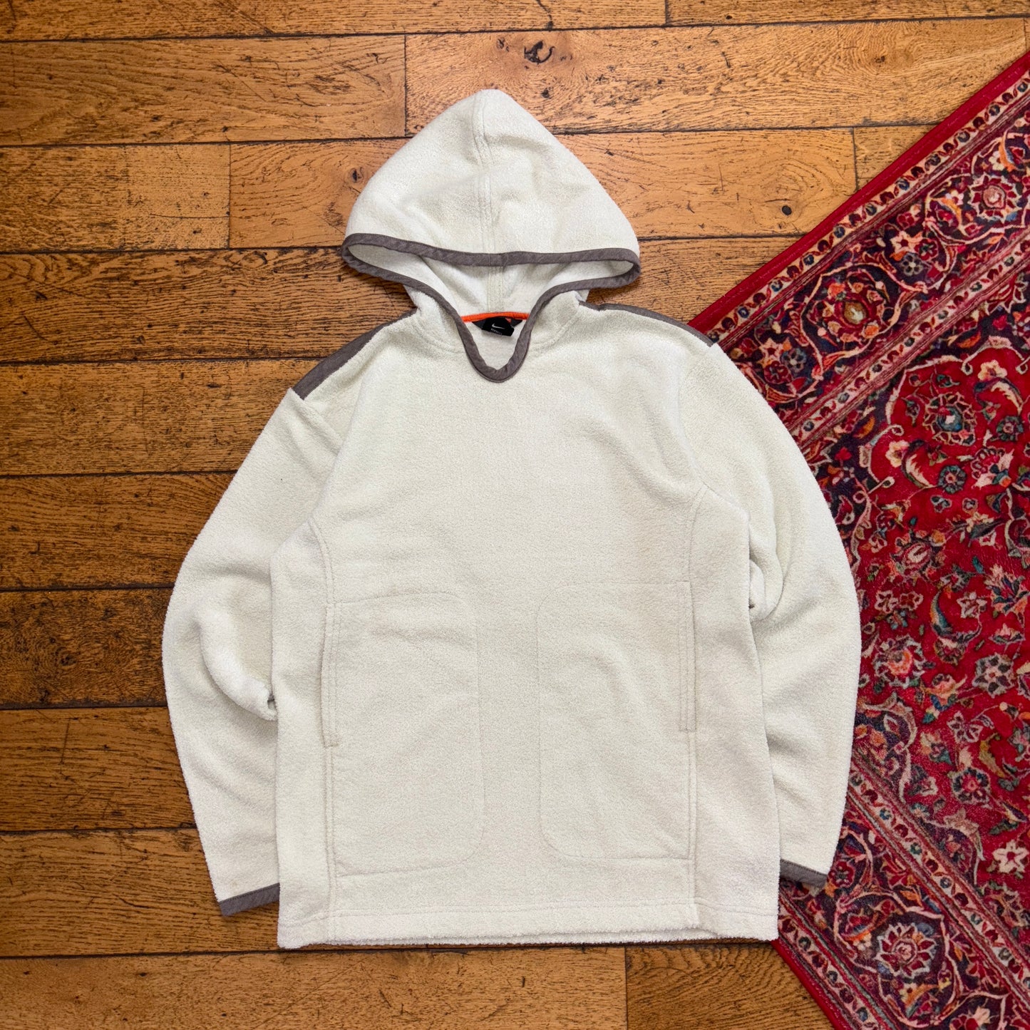 Vintage Nike 00s Cream Fleece Hoodie Y2K Embroidered Sweatshirt - S