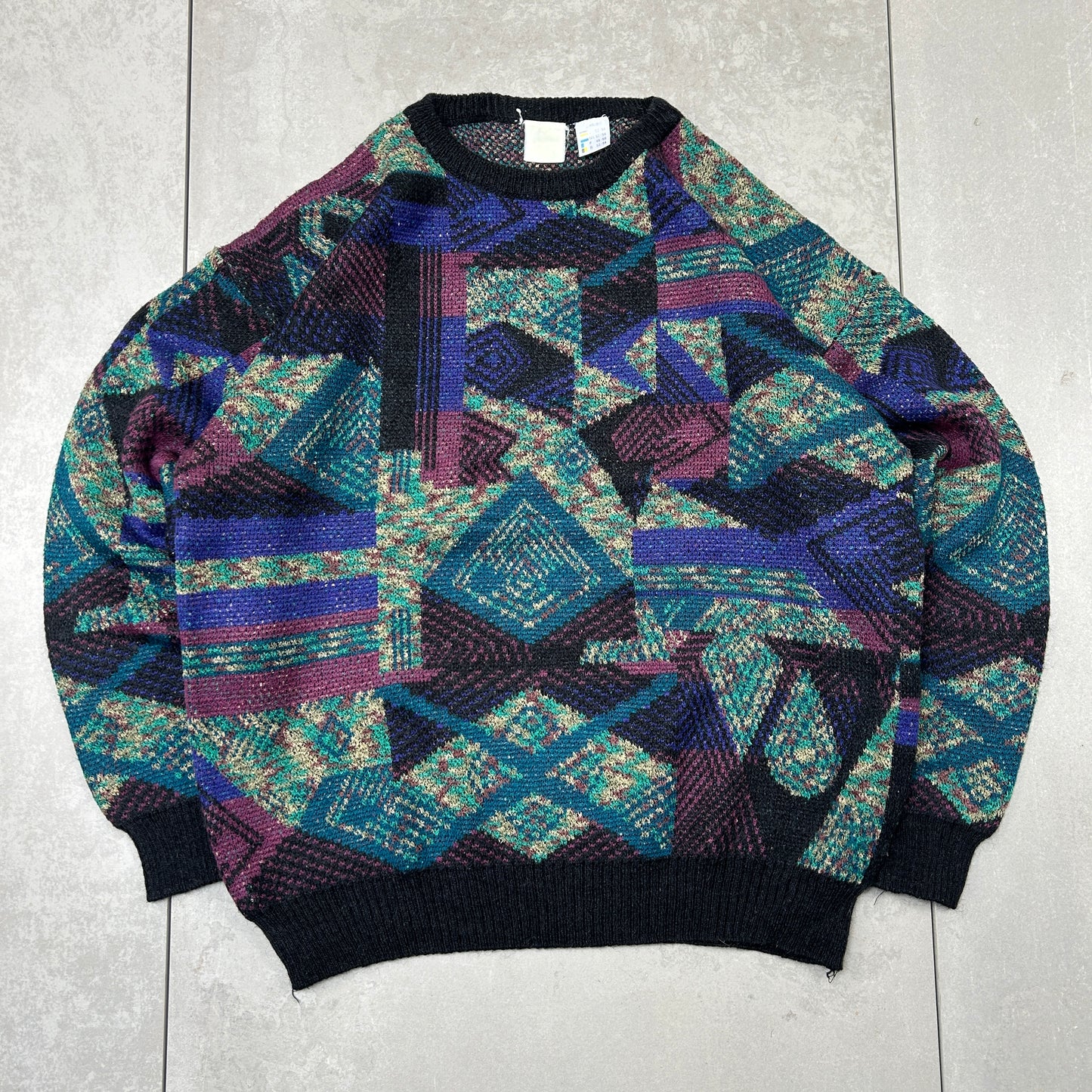 Vintage Italian Pattern Wool Chunky Knit Green Jumper - L