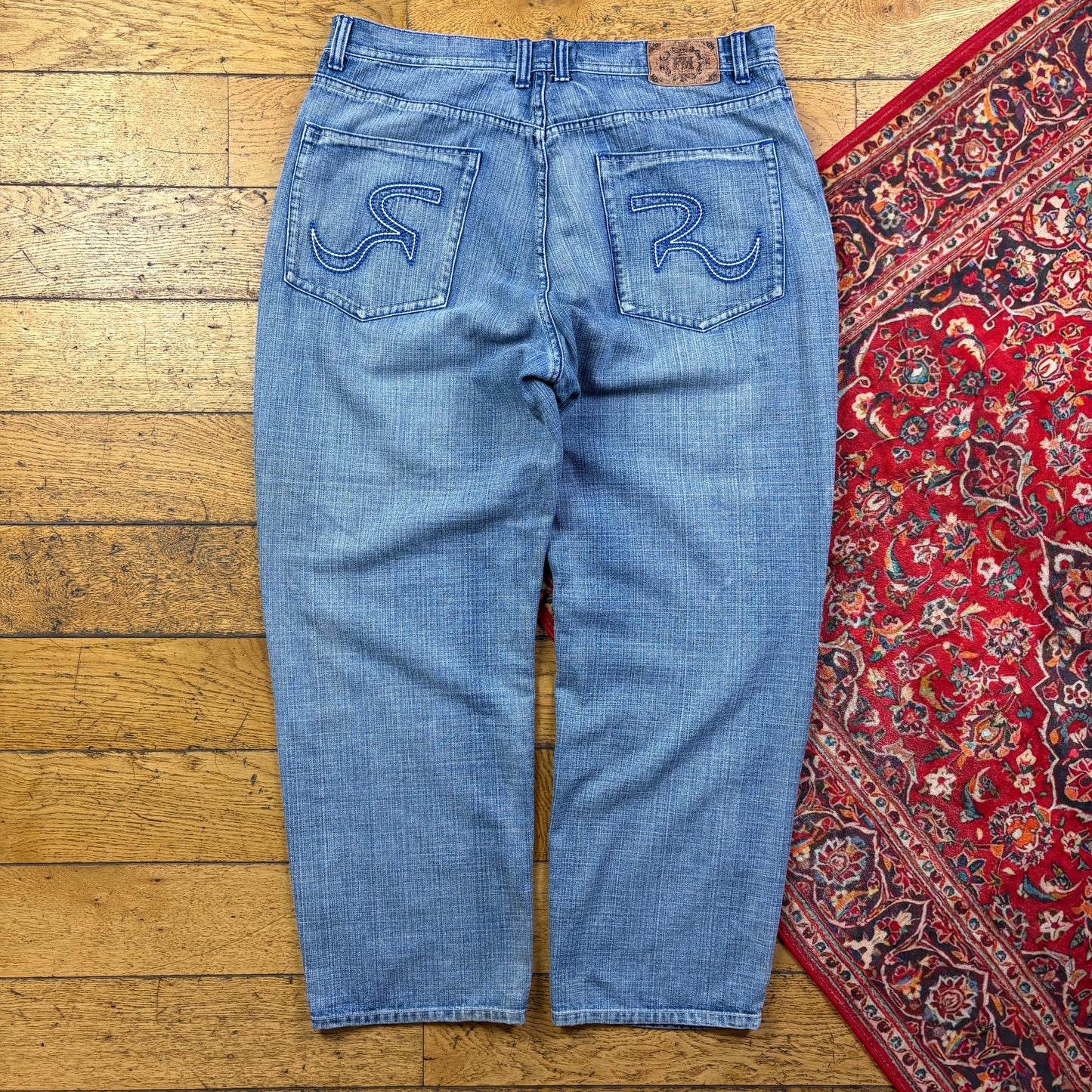 Vintage Blue Embroidered Y2K Hip Hop Baggy Jeans - 40