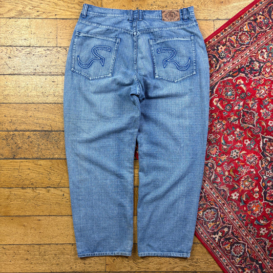 Vintage Blue Embroidered Y2K Hip Hop Baggy Jeans - 40
