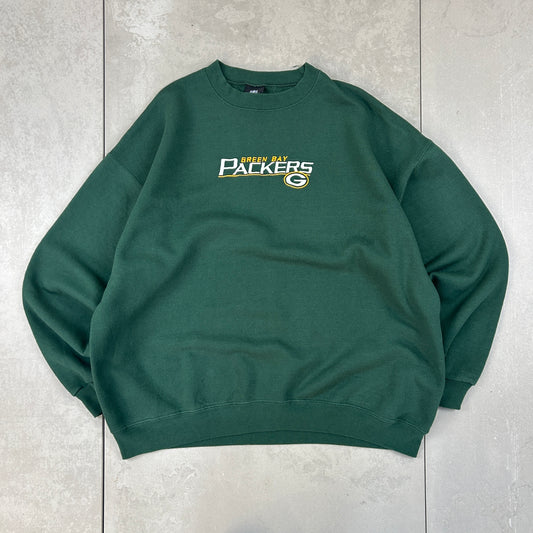 Vintage 00s NFL Green Bay Packers Embroidered Green Spellout Sweatshirt - L