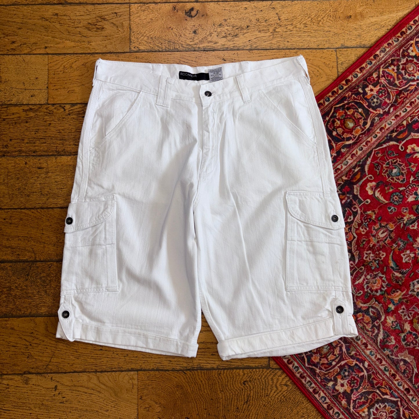 Vintage Rocawear Embroidered White Cargo Hip Hop Baggy Shorts Jorts - 38