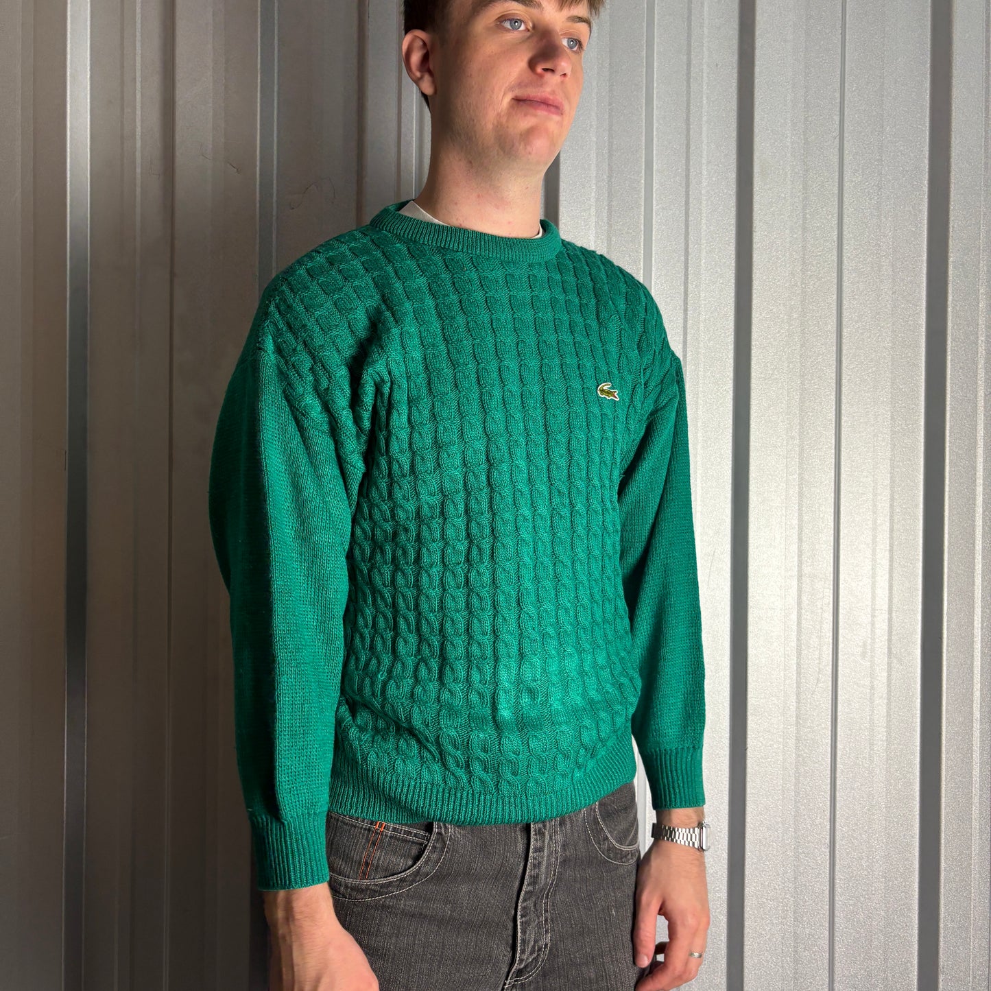 Vintage Chemise Lacoste Green Cable Fisherman Wool Chunky Knit Jumper - S