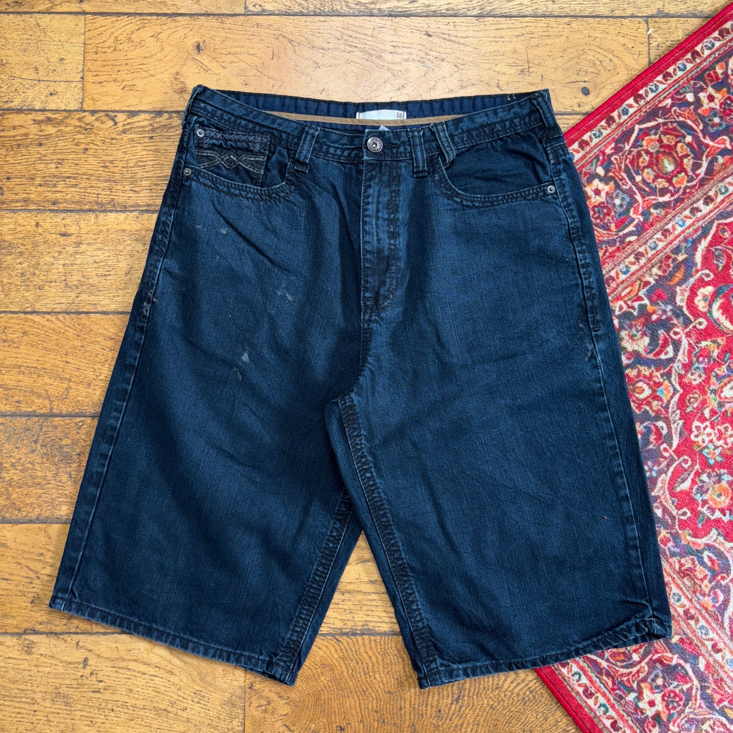 Vintage Route 66 Navy Blue Embroidered Y2K Hip Hop Baggy Jeans Shorts Jorts - 34