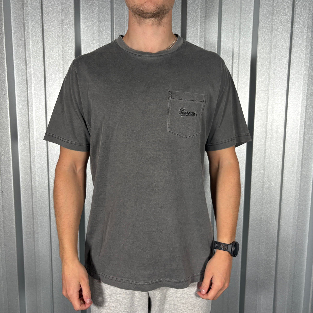 Supreme Grey Embroidered Pocket Logo T Shirt - M