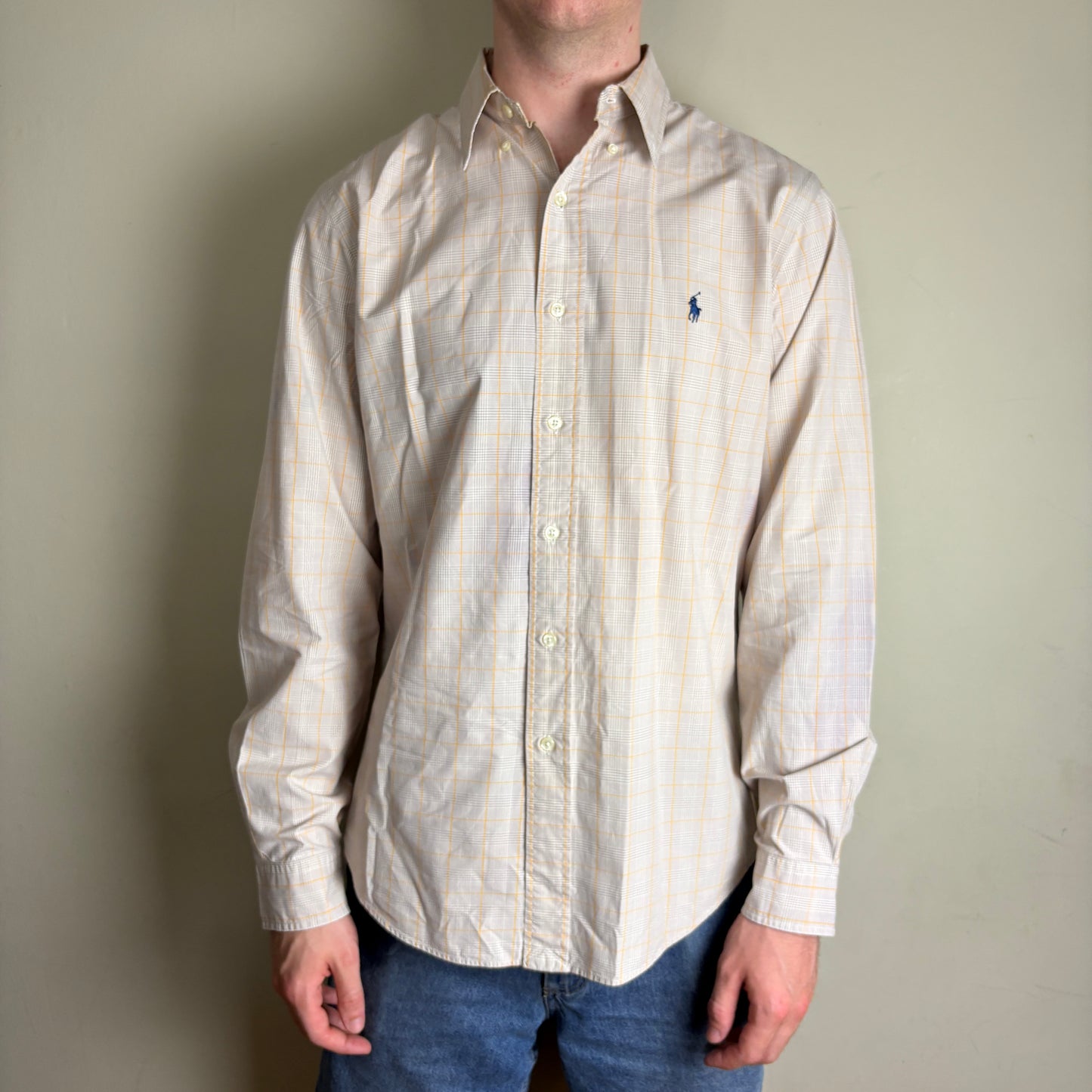 Vintage Ralph Lauren Cream Check Plaid Embroidered Shirt - L