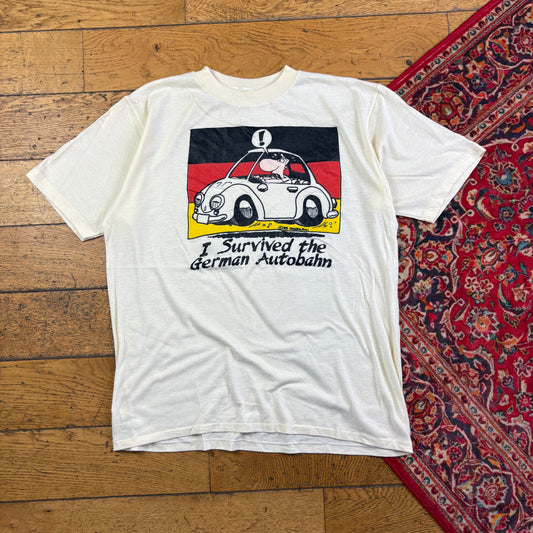 Vintage 1985 Cream Autobahn Funny Single Stitch Graphic T-Shirt - M