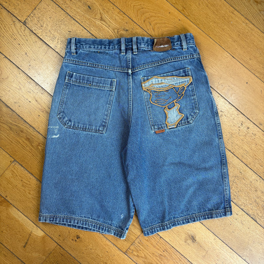 Vintage Platinum Fubu Fat Albert Embroidered Hip Hop Blue Baggy Shorts Jorts -34