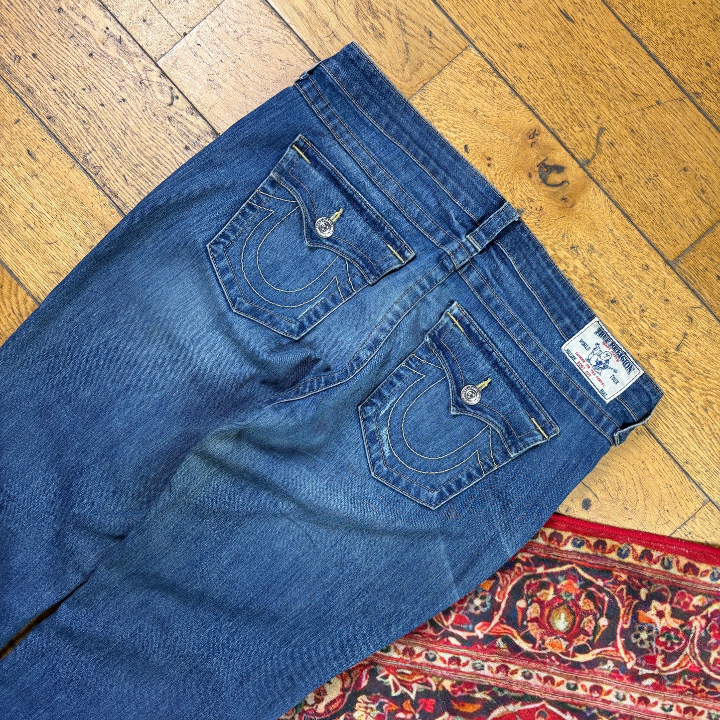 Vintage True Religion Womens Blue Embroidered Y2K Hip Hop Bootcut Jeans - Size18