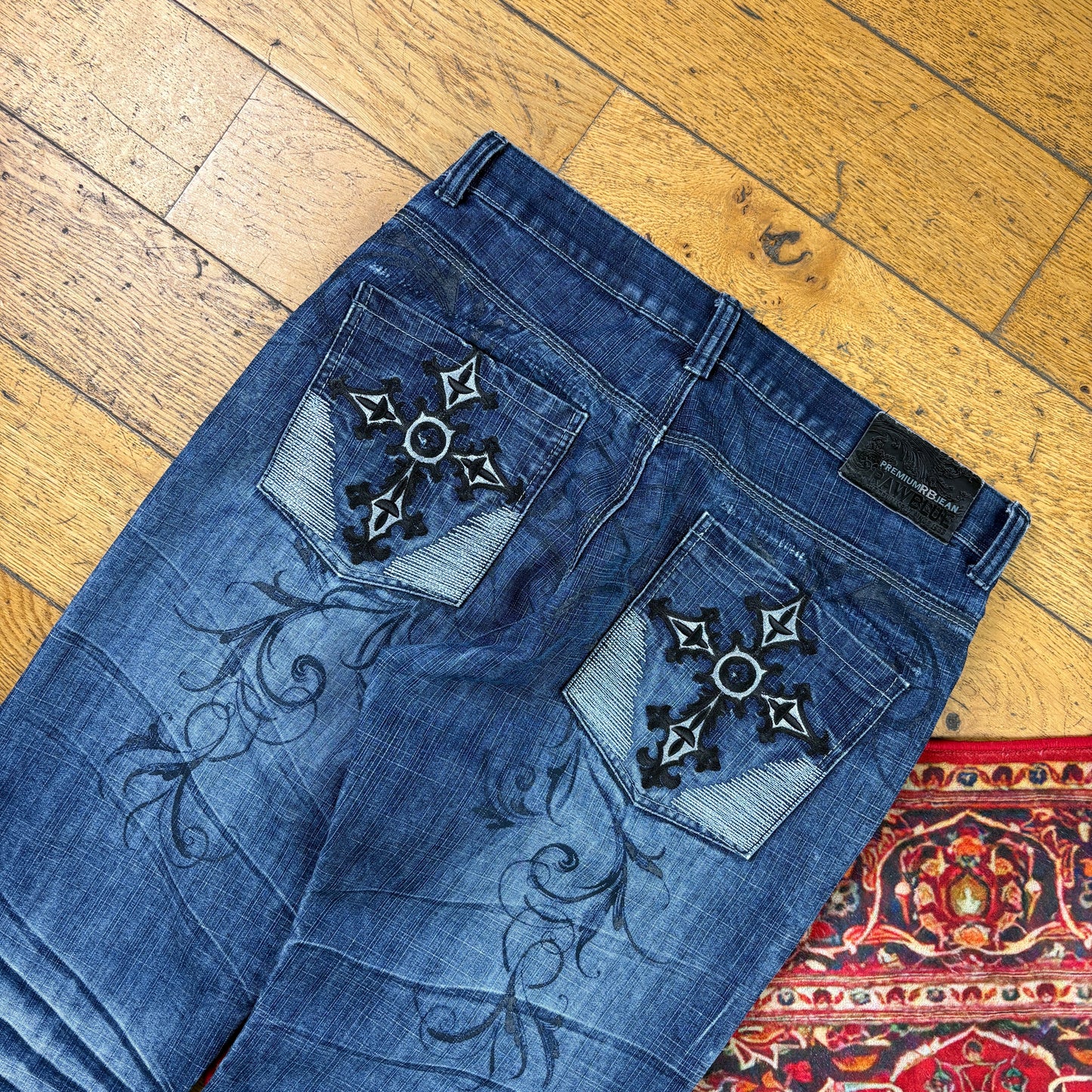 Vintage Raw Blue Embroidered Y2K Hip Hop Baggy Jeans - 36