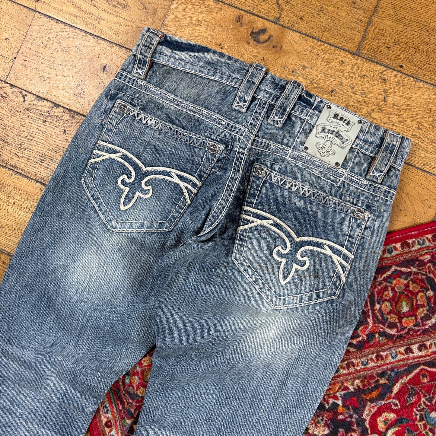 Vintage Rock Revival Blue Embroidered Y2K Hip Hop Straight Jeans - 36