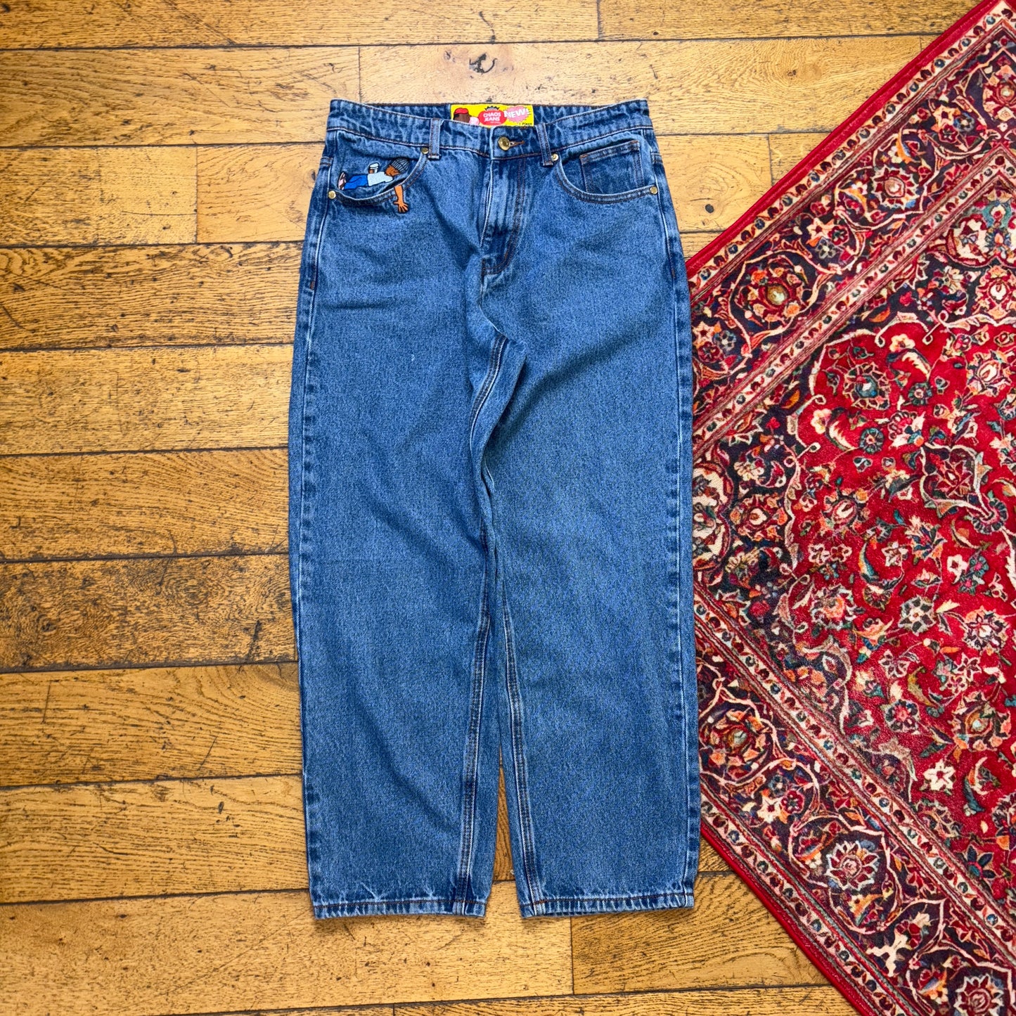 Vintage Chaos Jeans Blue Tapered Embroidered Y2K Hip Hop Baggy Jeans - 30S