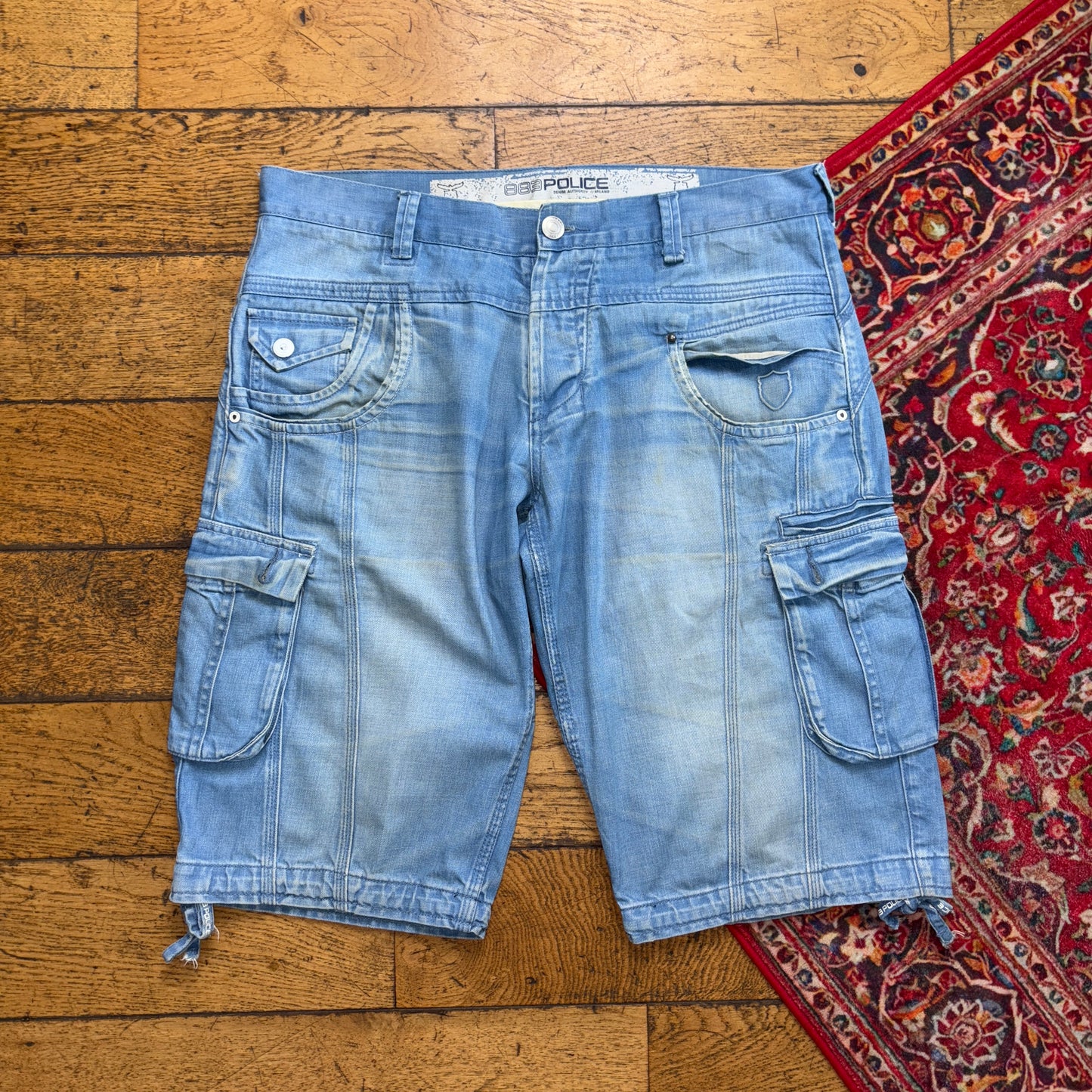Vintage 883 Police Blue Cargo Embroidered Y2K Hip Hop Jeans Shorts Jorts - 38