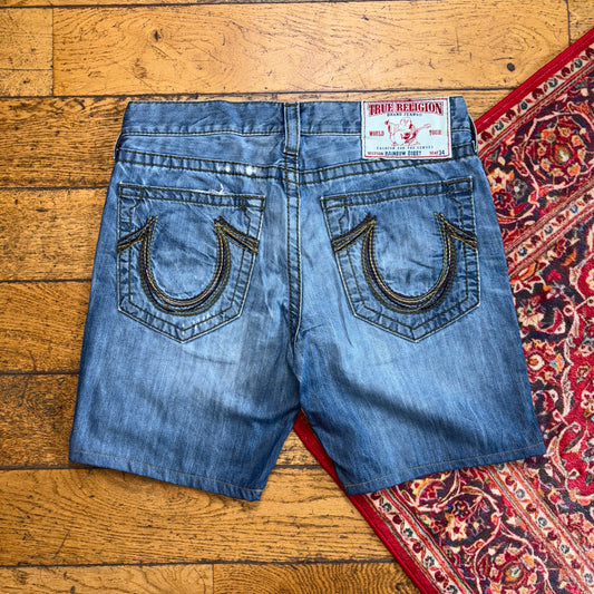 Vintage True Religion Blue Baggy Embroidered Y2K Shorts Jorts - 36