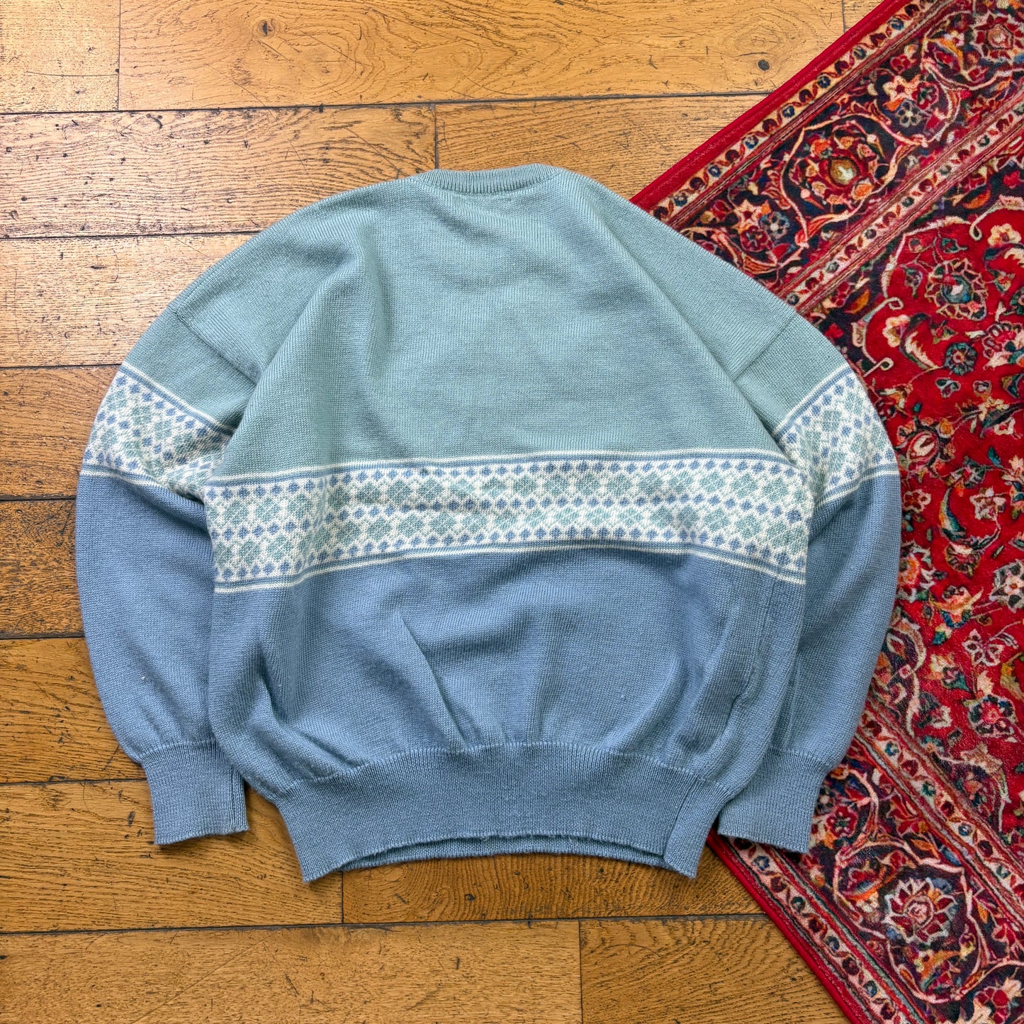 Vintage Blue Pattern Italian Chunky Knit Jumper - M