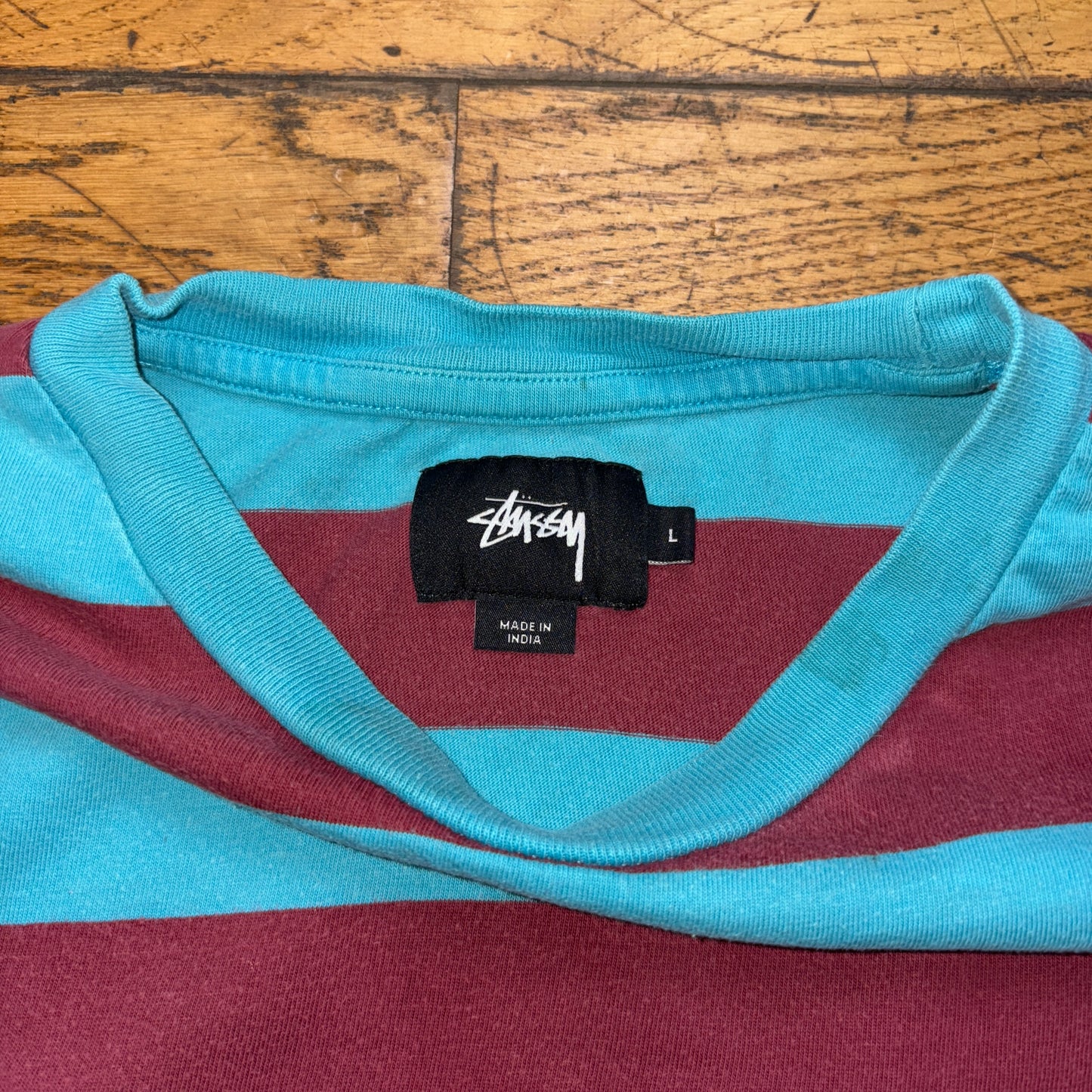 Vintage Stussy Blue Red Stripe Embroidered T-Shirt - L