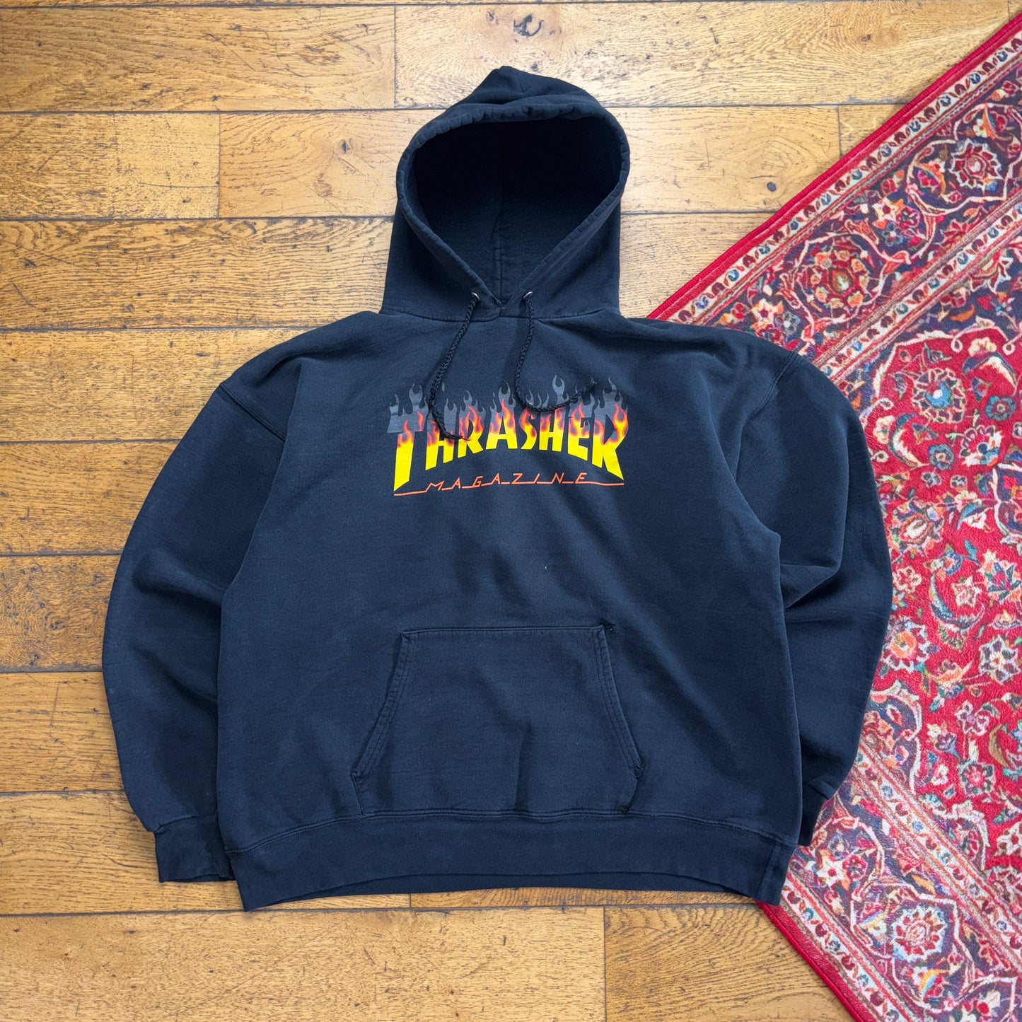Vintage Thrasher Black Flames Skate Hoodie Sweatshirt - XL