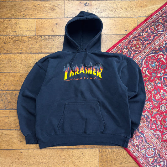 Vintage Thrasher Black Flames Skate Hoodie Sweatshirt - XL