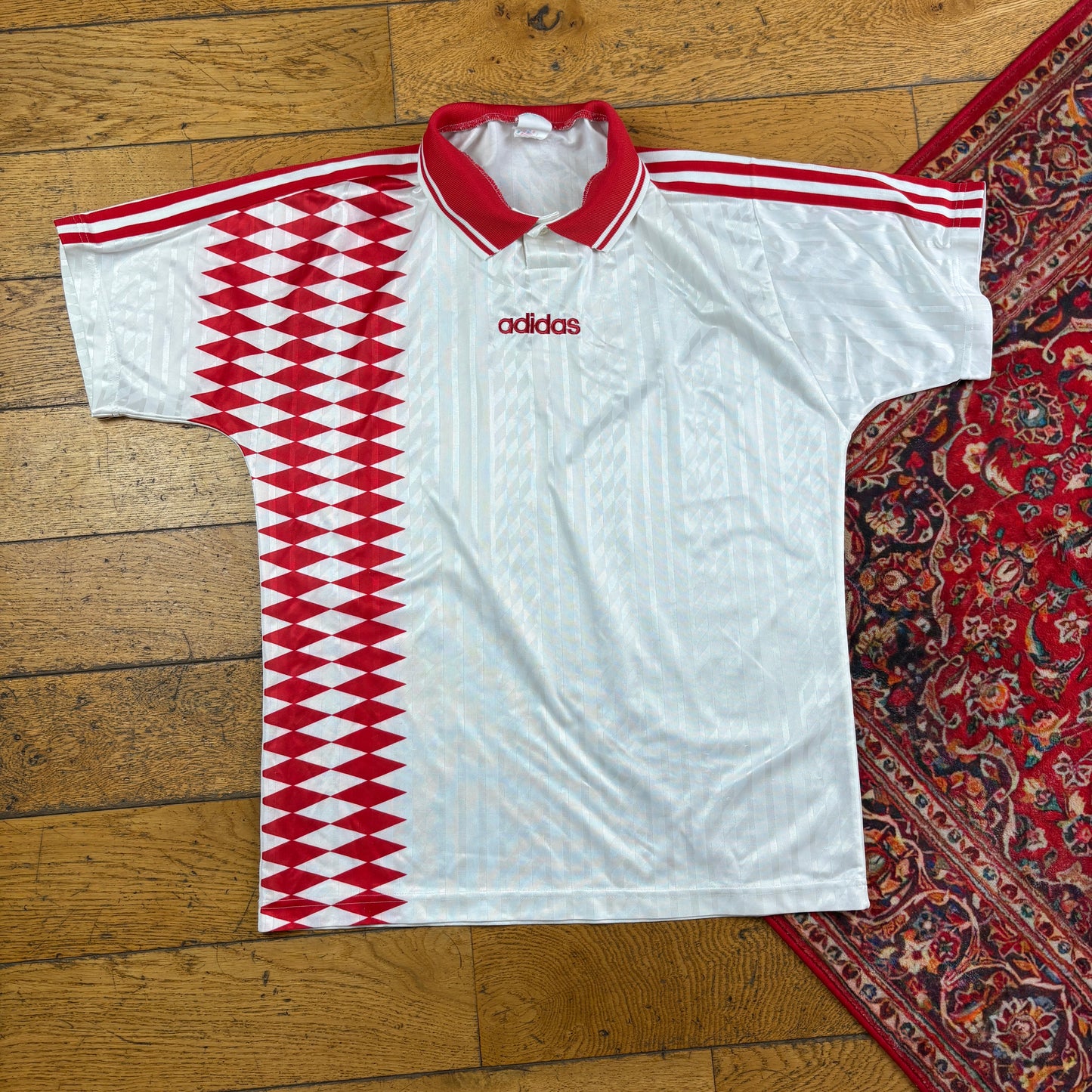 Vintage Adidas Embroidered White Red Football Polo T Shirt - M