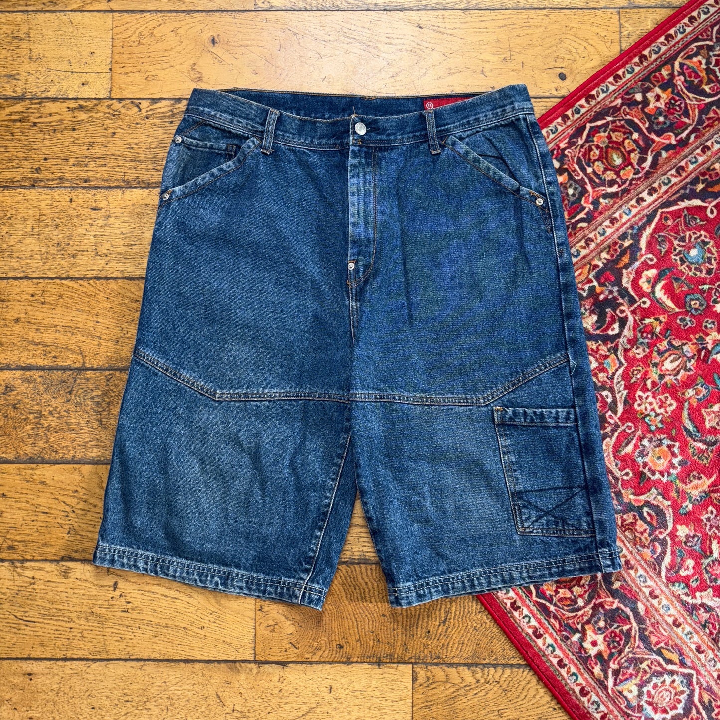 Vintage Blue Double Knee Baggy Denim Shorts - 36