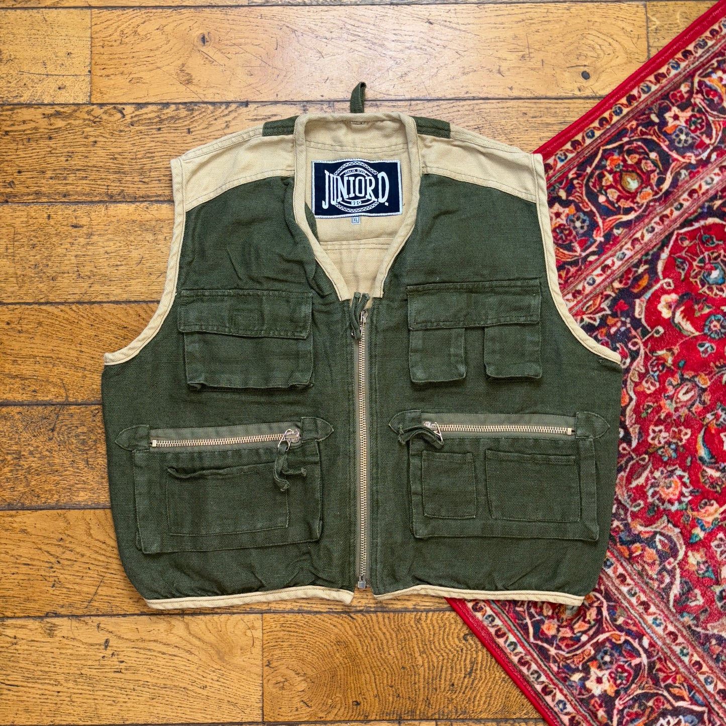 Vintage Juniord Green Cream Cropped Gilet Fishing Vest - XL