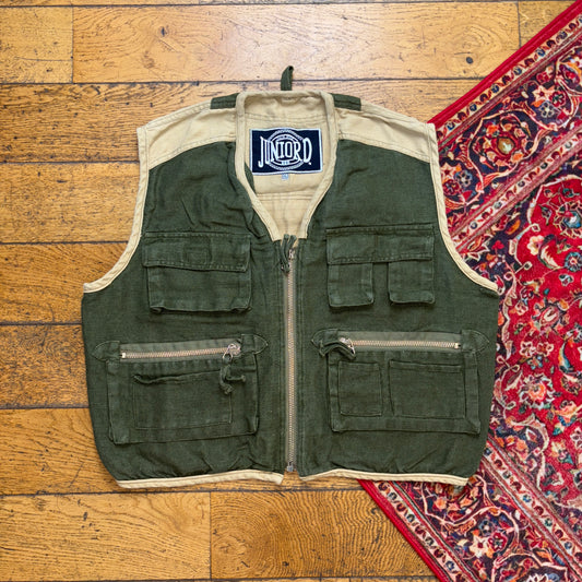 Vintage Juniord Green Cream Cropped Gilet Fishing Vest - XL