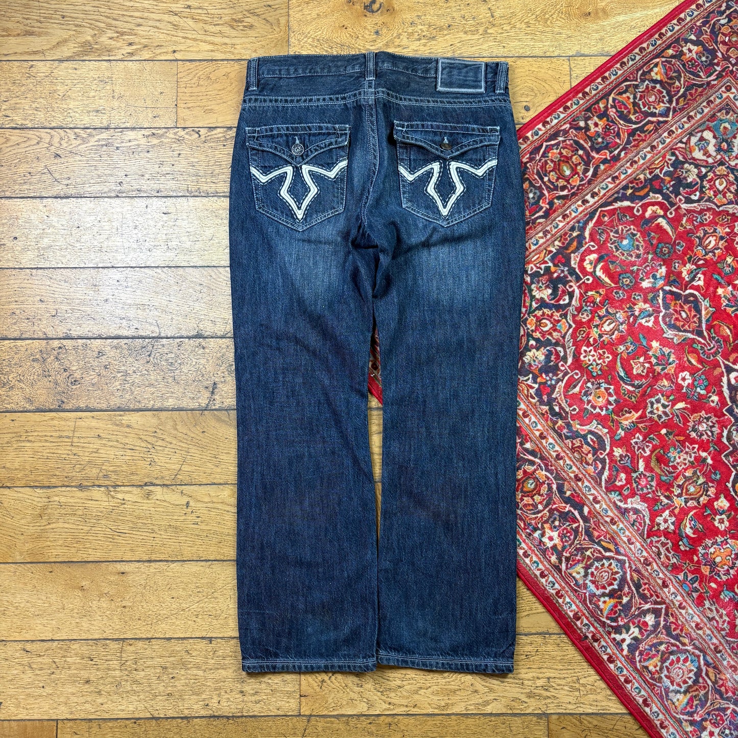 Vintage Helix Blue Embroidered Y2K Hip Hop Straight Jeans - 36