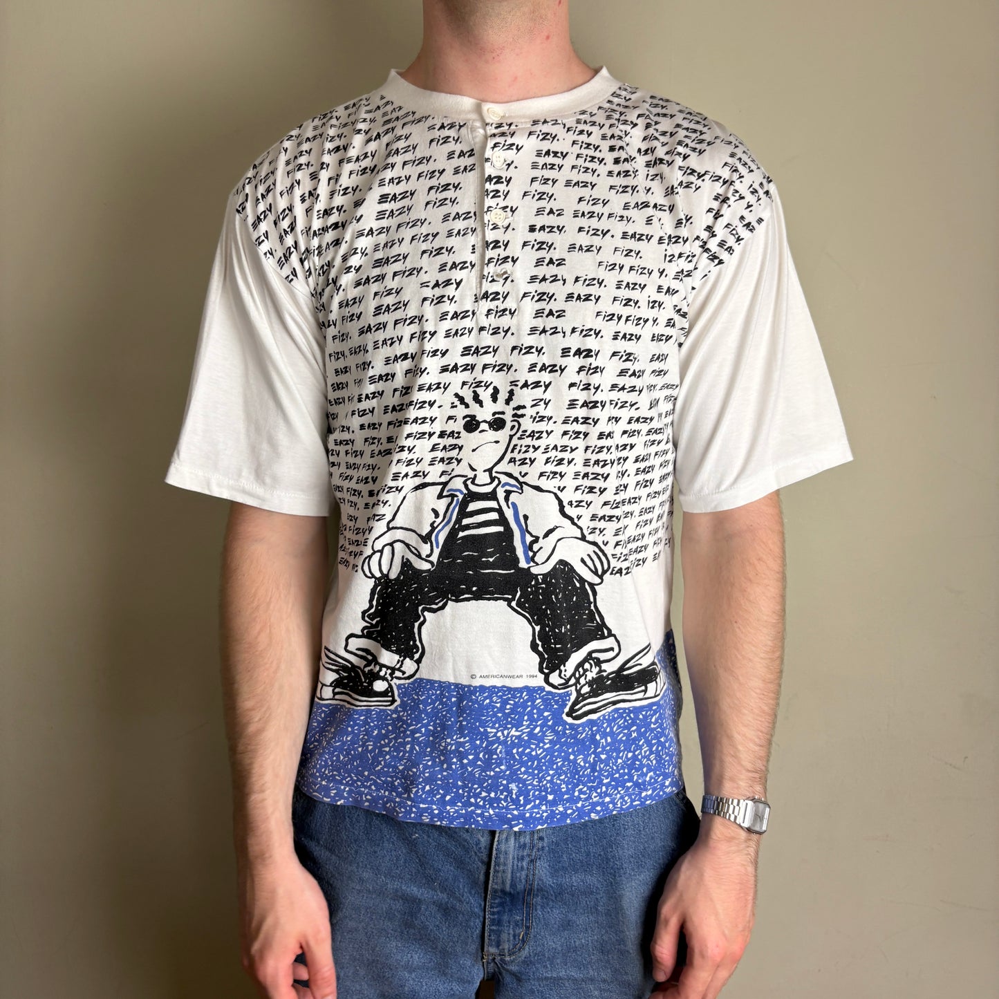 Vintage 1994 Eazy Fizy White Henley Single Stitch Graphic T-Shirt - M