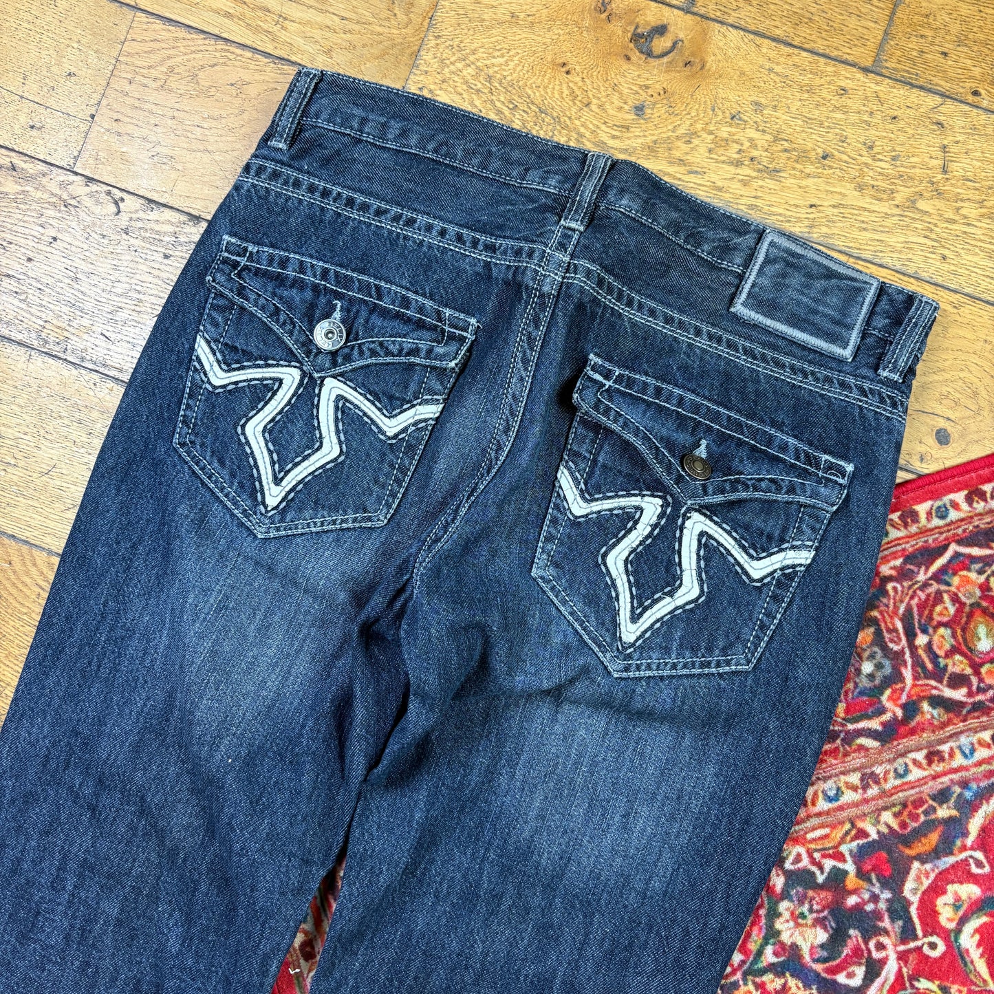 Vintage Helix Blue Embroidered Y2K Hip Hop Straight Jeans - 36