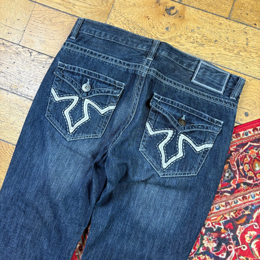Vintage Helix Blue Embroidered Y2K Hip Hop Straight Jeans - 36