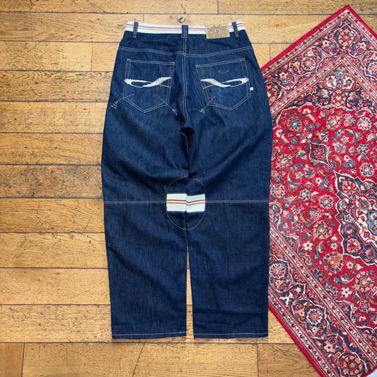 Vintage Embroidered Navy Blue Y2K Hip Hop Baggy Jeans - 38L
