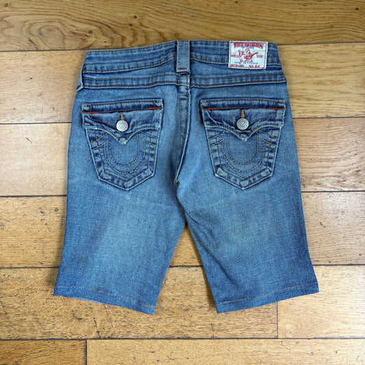 Vintage True Religion Womens Blue Skinny Embroidered Y2K Shorts Jorts - Size 6