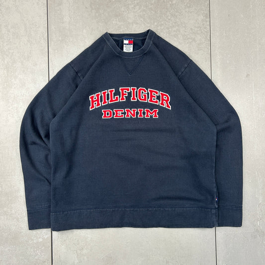 Vintage 00s Tommy Hilfiger Denim Spellout Navy Embroidered Sweatshirt - XL