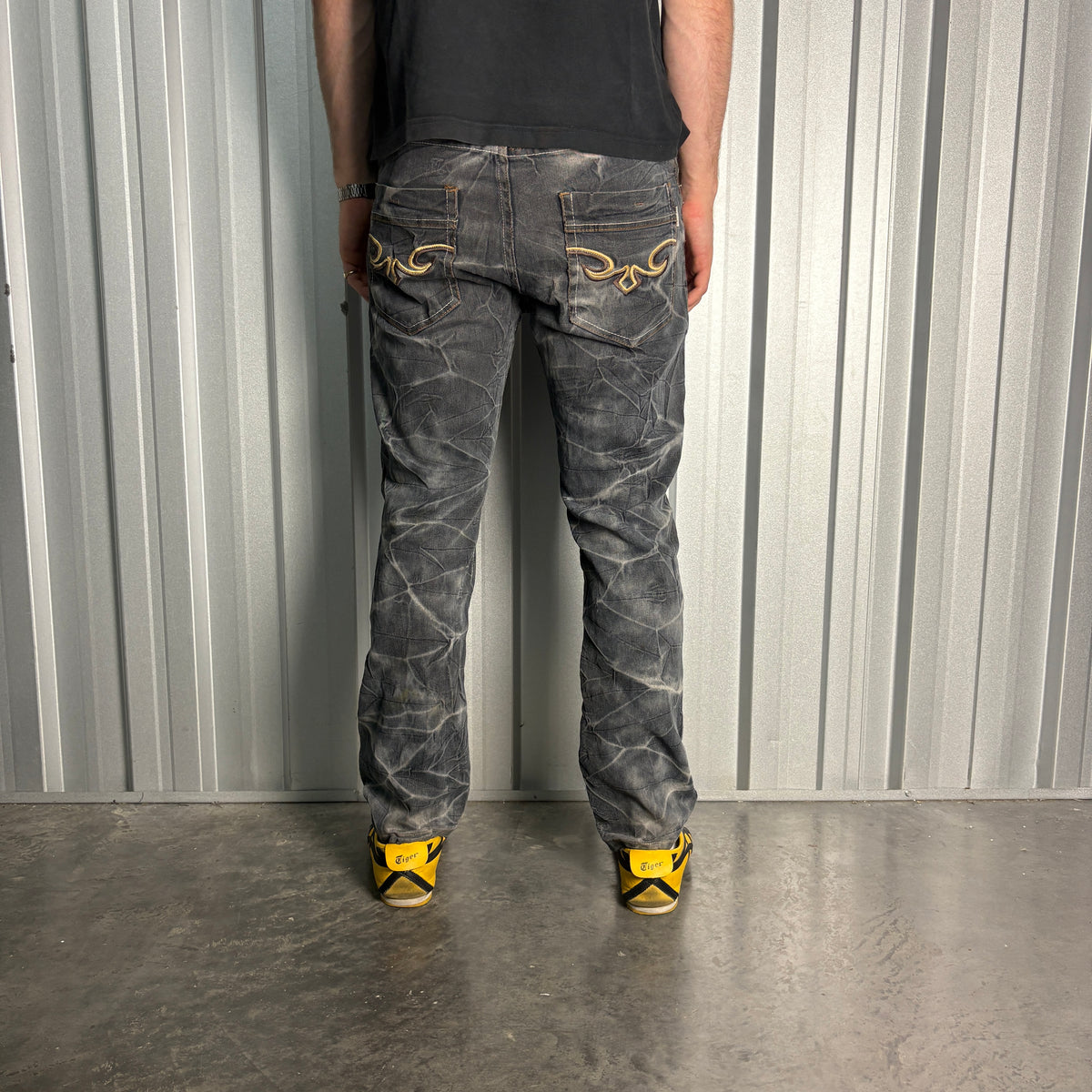 Embroidered Black Grunge Japanese Denim Hip Hop Y2K Straight Jeans - 36S