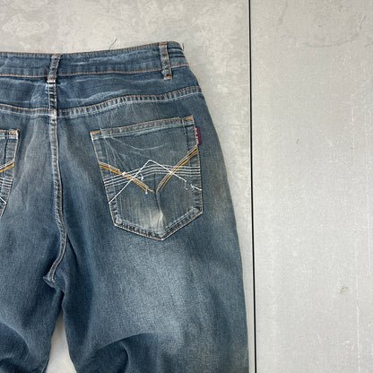 Vintage Embroidered Japanese Denim Hip Hop Skater Blue Straight Jeans - 30