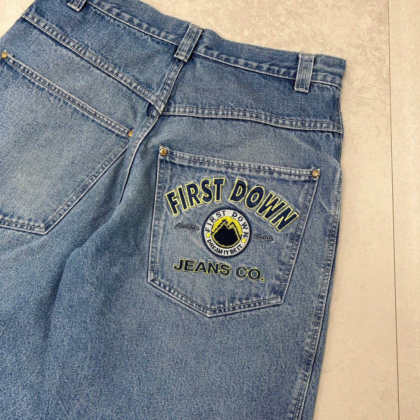 Vintage First Down Embroidered Hip Hop Baggy Blue Shorts Jorts - 33