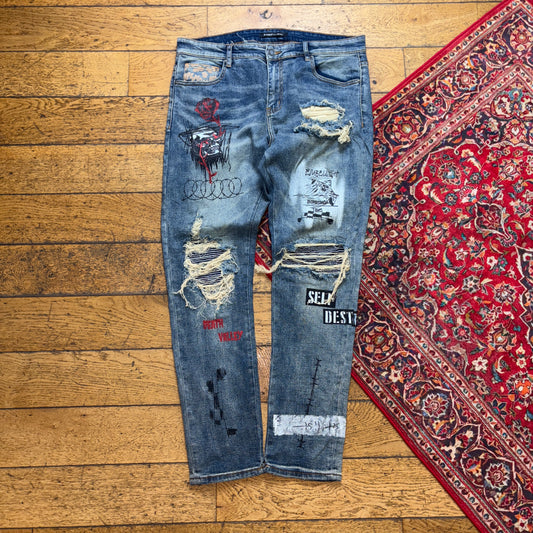 Vintage Blue Distressed Grunge Slim Blue Y2K Jeans - 38L