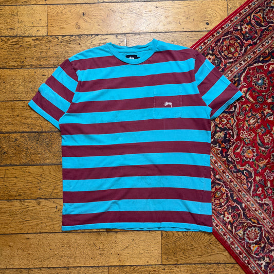 Vintage Stussy Blue Red Stripe Embroidered T-Shirt - L